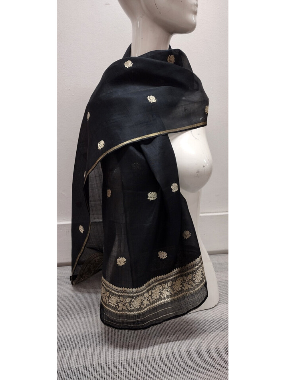 Vintage Black Silk Long Rectangle Scarf Gold Lame Metallic Indian Stole Wrap